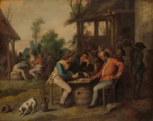 Two Men Arguing over Cards outside a Country Inn by Vincent Malo II Oil Painting