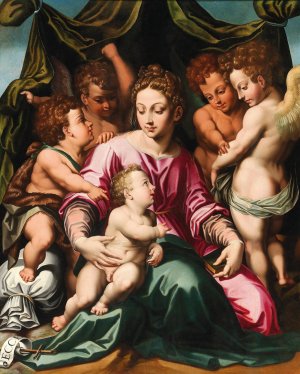 Madonna and Child with the Infant Saint John the Baptist and Angels Oil painting by Vincent Sellaer