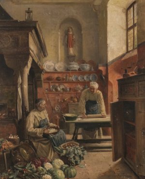 Two monks in the monastery kitchen by Vincent Stoltenberg Lerche Oil Painting