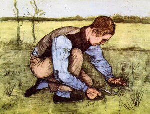 Boy Cutting Grass with a Sickle