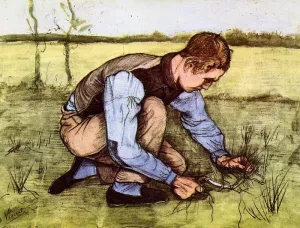 Boy Cutting Grass with a Sickle painting by Vincent van Gogh