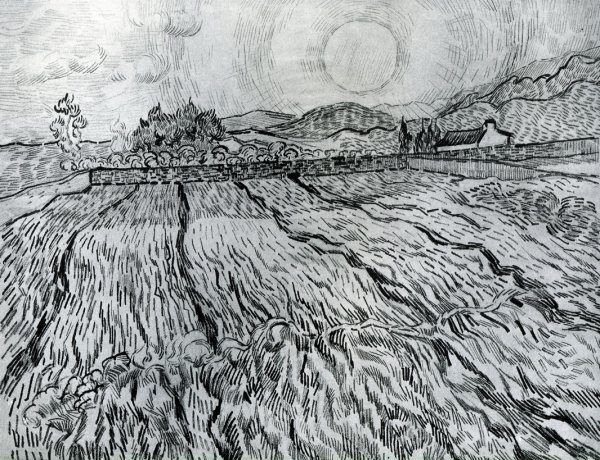 Main Product Photo of Enclosed Field Behind Saint-Paul Hospital: Rising Sun Painting by Vincent van Gogh