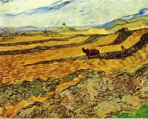 Field and Ploughman and Mill by Vincent van Gogh - Oil Painting Reproduction