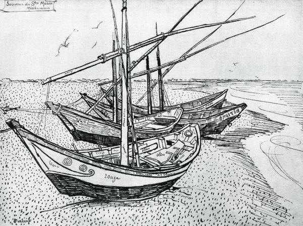 Main Product Photo of Fishing Boats on the Beach at Saintes-Maries Painting by Vincent van Gogh
