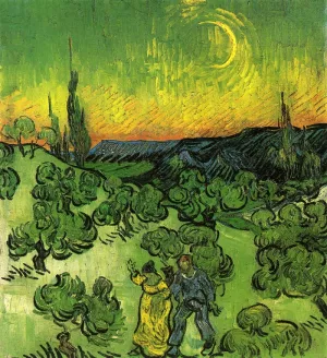 Landscape with Couple Walking and Crescent Moon painting by Vincent van Gogh