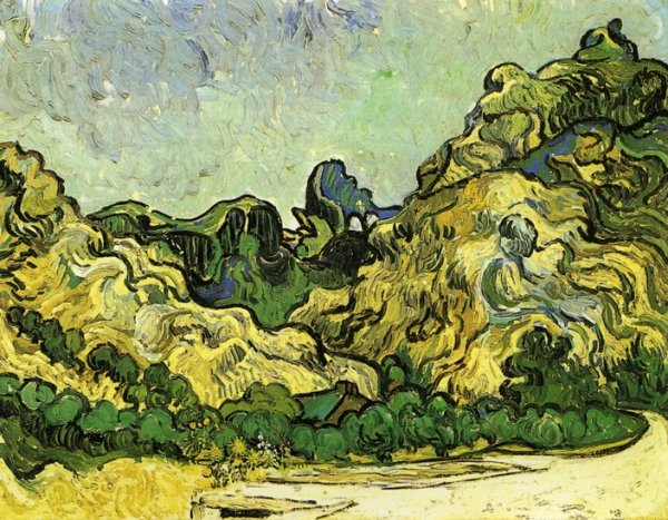 Main Product Photo of Mountains at Saint-Remy with Dark Cottage Painting by Vincent van Gogh