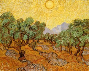 Olive Trees with Yellow Sky and Sun