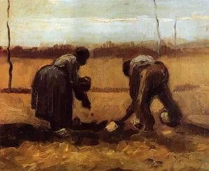 Peasant Man and Woman Planting Potatoes painting by Vincent van Gogh