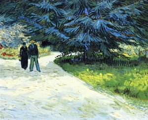 Public Garden with Couple and Blue Fir Tree