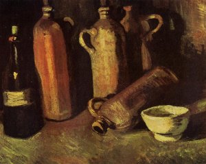 Still Life with Four Stone Bottles, Flask and White Cup
