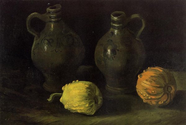 Main Product Photo of Still Life with Two Jars and Two Pumpkins Painting by Vincent van Gogh