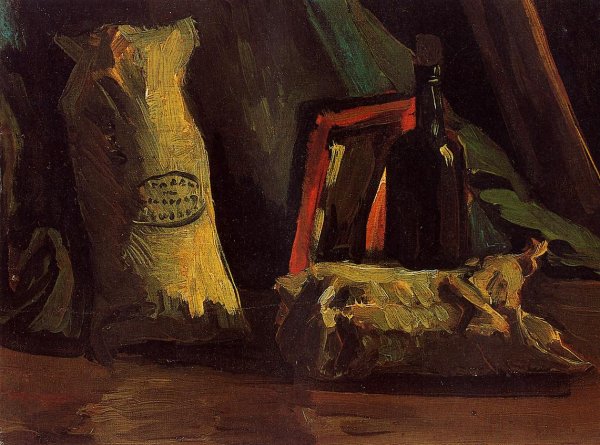 Main Product Photo of Still Life with Two Sacks and a Bottle Painting by Vincent van Gogh