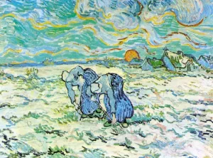 Two Peasant Women Digging in Field with Snow by Vincent van Gogh - Oil Painting Reproduction