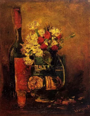 Vase with Carnations and Roses and a Bottle