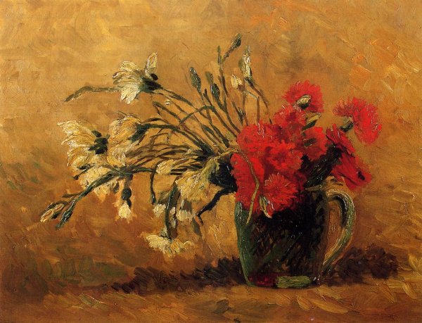 Vase with Red and White Carnations on a Yellow Background by Vincent van Gogh - Hand-Painted Oil Painting Reproduction