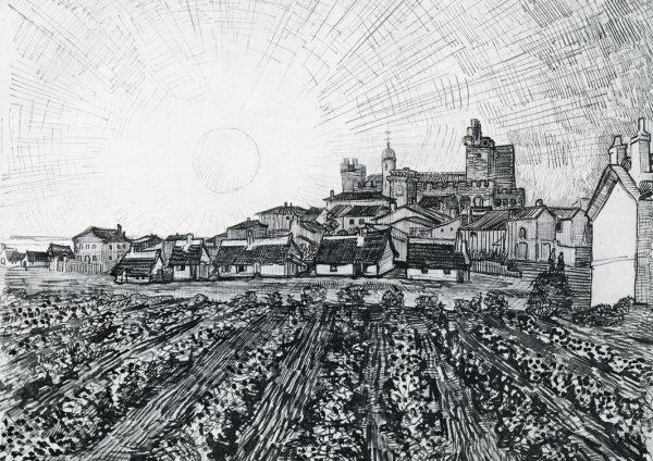 Main Product Photo of View of Saintes-Maries with Church and Ramparts Painting by Vincent van Gogh