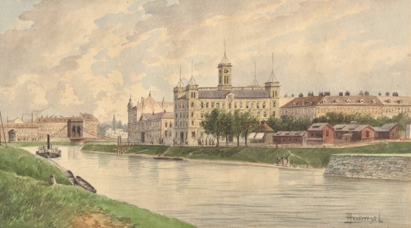 Main Product Photo of Die Weissgarber Lande in Wien mit dem Donau-Dampfschiffahrtsgebaude  Painting by Vincenz Havlicek