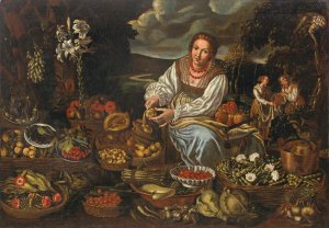 A Fruit And Vegetable Seller, Surrounded By Her Wares by Vincenzo Campi Oil Painting