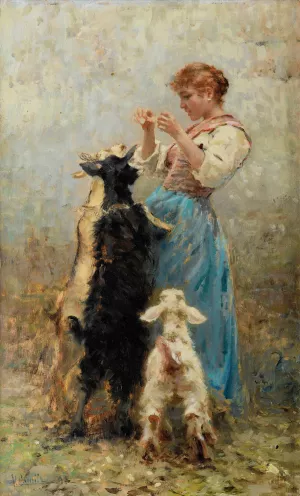 Young woman feeding goats by Vincenzo Caprile Oil Painting