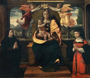 The Madonna and Child, crowned by two angels and flanked by two donors by Vincenzo Foppa Oil Painting