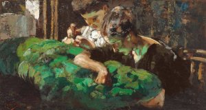A Woman and Child Sewing by Vincenzo Irolli Oil Painting