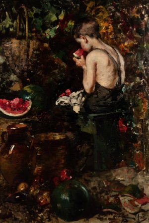 A Young Boy Eating A Watermelon by Vincenzo Irolli Oil Painting