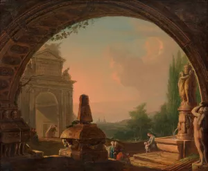 Phantastische Morgenlandschaft mit Staffage, durch einen Torbogen gesehen by Vinzenz Fischer Oil Painting
