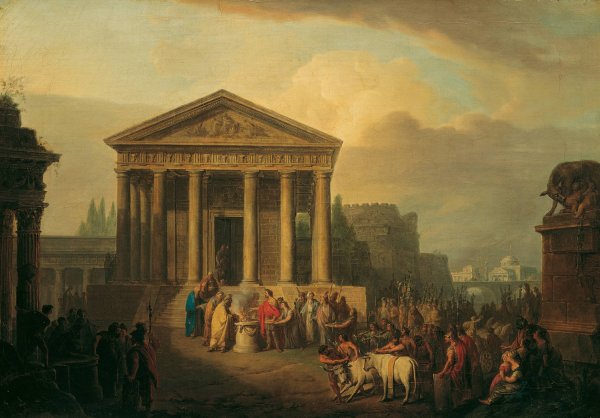 Sacrifice In Front Of A Roman Temple  by Vinzenz Fischer - Hand-Painted Oil Painting Reproduction