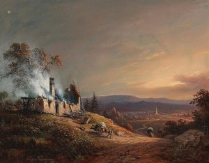 A Burning House by Vinzenz Kreuzer Oil Painting