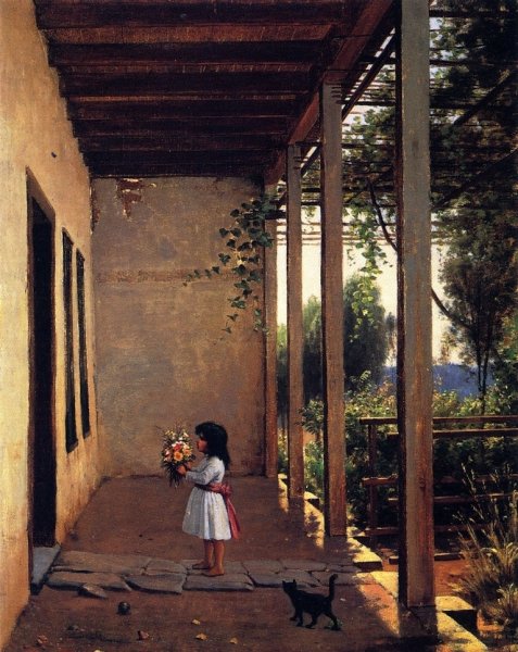 Padre's Porch, San Gabriel Mission by Virgil Macey Williams - Hand-Painted Oil Painting Reproduction