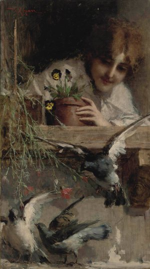 Piccioni alla finestra by Virgilio Ripari Oil Painting