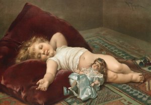 Sleeping Baby by Virgilio Tojetti Oil Painting
