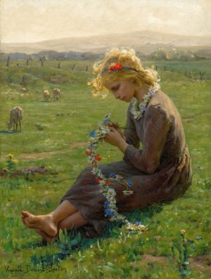 Fillette a La Guirlande De Fleurs Des Champs by Virginie Demont-Breton Oil Painting