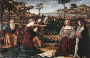 Holy Family with Two Donors by Vittore Carpaccio - Oil Painting Reproduction