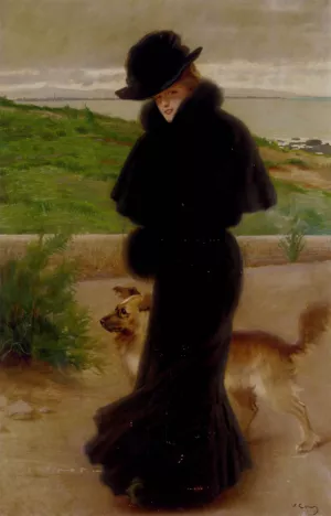 An Elegant Lady with Her Faithful Companion by the Beach by Vittorio Matteo Corcos - Oil Painting Reproduction