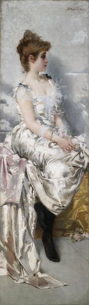 Ritratto di giovane donna in abito binaco con fiori by Vittorio Matteo Corcos Oil Painting