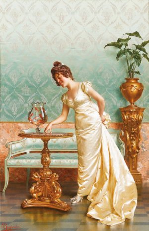 Admiring The Goldfish by Vittorio Reggianini Oil Painting