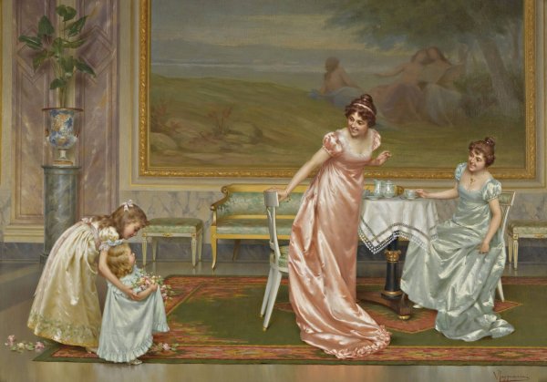 The Tea Party by Vittorio Reggianini - Hand-Painted Oil Painting Reproduction