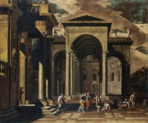 A Capriccio Of The Exterior Of An Elaborate Palace With Saint Peter Healing The Lame by Viviano Codazzi Oil Painting