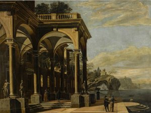 An architectural capriccio with figures by a colonnaded portico, a castle on a sea arch and coastal village beyond by Viviano Codazzi Oil Painting