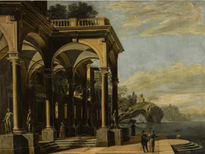 An architectural capriccio with figures by a colonnaded portico, a castle on a sea arch and coastal village beyond by Viviano Codazzi Oil Painting