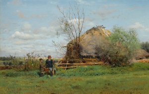 Early Autumn In The Village by Vladimir Egorovich Makovsky Oil Painting