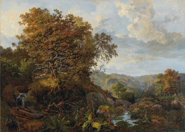 A landscape with a waterfall and hounds by Vladimir Osipovich Sherwood - Hand-Painted Oil Painting Reproduction