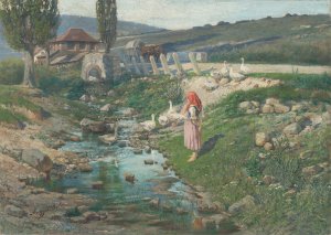 Landscape with a Shepherdess of Geese by Vojtech Angyal Oil Painting