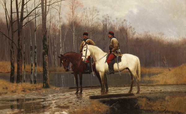 Zwei Kosaken zu Pferde  by Waldemar Los - Hand-Painted Oil Painting Reproduction