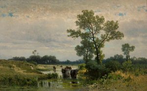 Cows crossing the river by Walery Brochocki Oil Painting