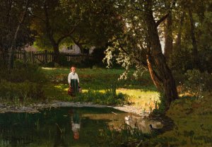 Girl at a pond by Walery Brochocki Oil Painting