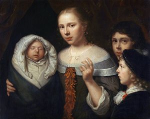 Portrait of a young woman with three children by Wallerant Vaillant Oil Painting