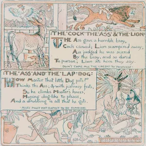 The Cock, The Ass, and the Lion, The Ass and the LapDog by Walter Crane Oil Painting