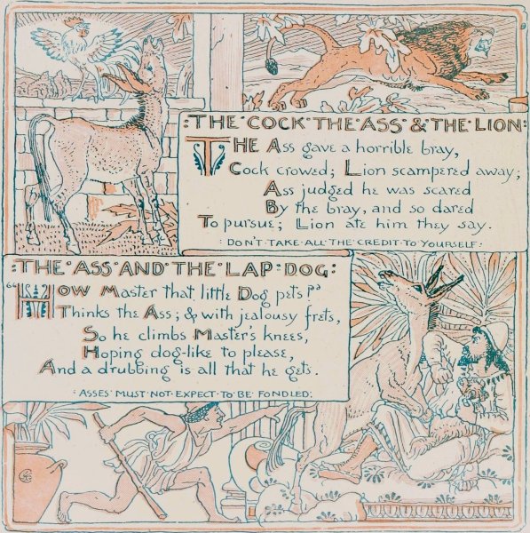 Main Product Photo of The Cock, The Ass, and the Lion, The Ass and the LapDog  Painting by Walter Crane
